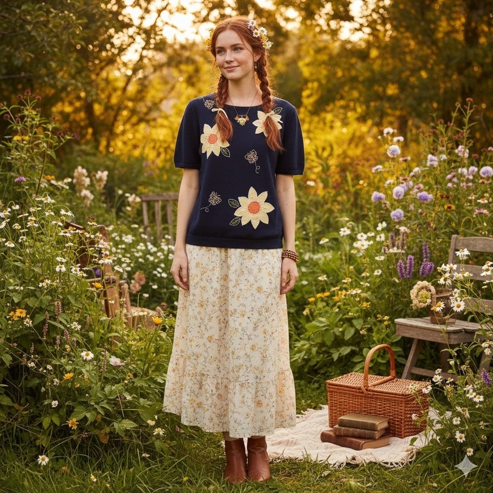 Alfred Dunner Navy Blue Floral Butterfly Sweater Top L Cottage Gardencore Granny